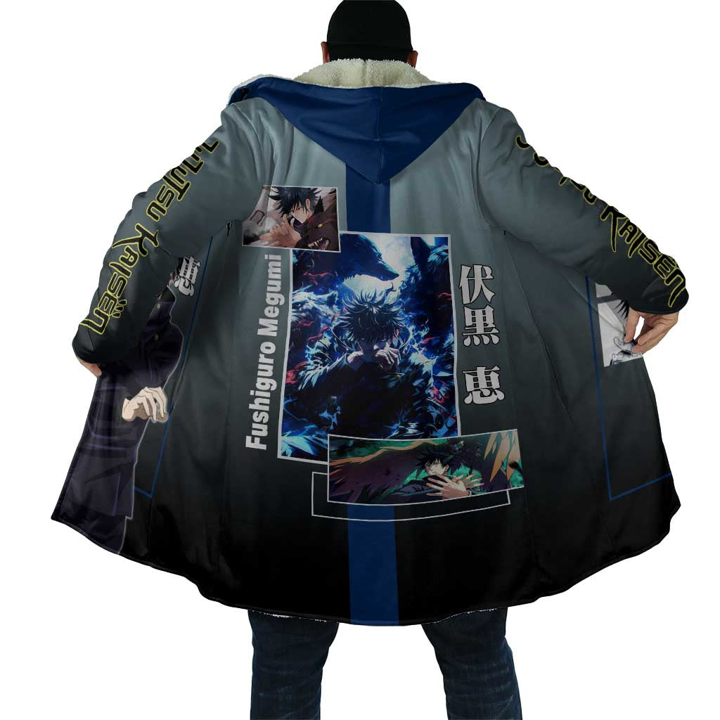 Megumi Fushiguro from Jujutsu Kaisen Cloak with Dark Blue and Black Background and Multiple Poses Design - The Mazicc