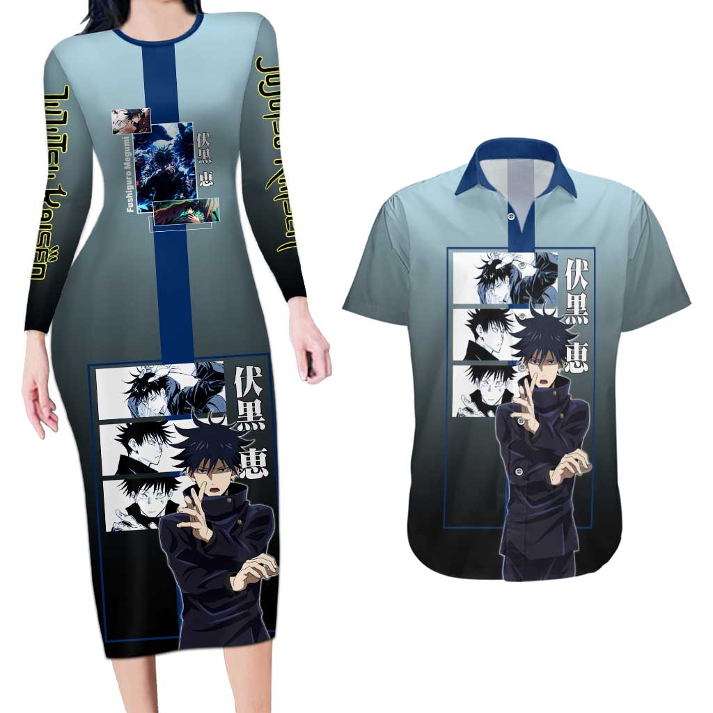 Megumi Fushiguro from Jujutsu Kaisen Couples Matching Long Sleeve Bodycon Dress and Hawaiian Shirt with Dark Blue and Black Background and Multiple Poses Design - The Mazicc
