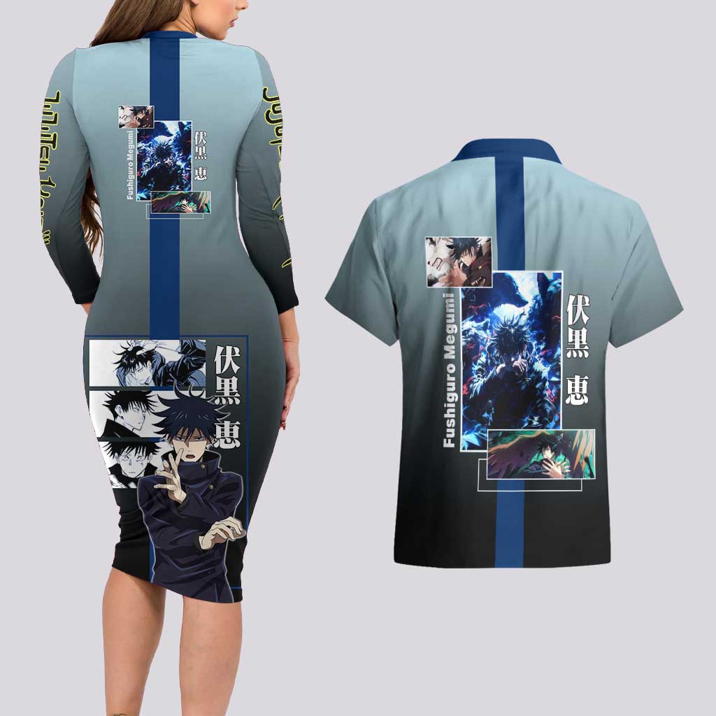 Megumi Fushiguro from Jujutsu Kaisen Couples Matching Long Sleeve Bodycon Dress and Hawaiian Shirt with Dark Blue and Black Background and Multiple Poses Design - The Mazicc