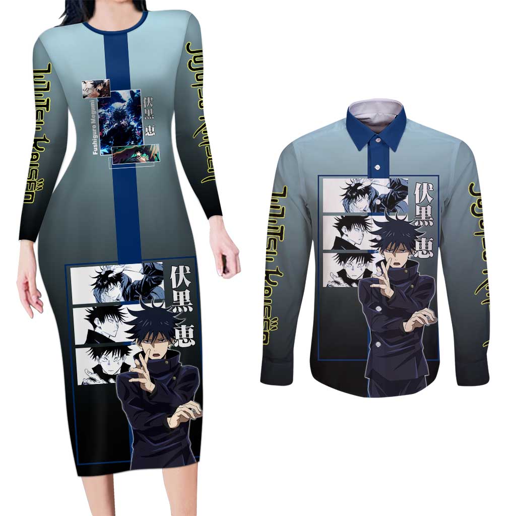 Megumi Fushiguro from Jujutsu Kaisen Couples Matching Long Sleeve Bodycon Dress and Long Sleeve Button Shirt with Dark Blue and Black Background and Multiple Poses Design - The Mazicc