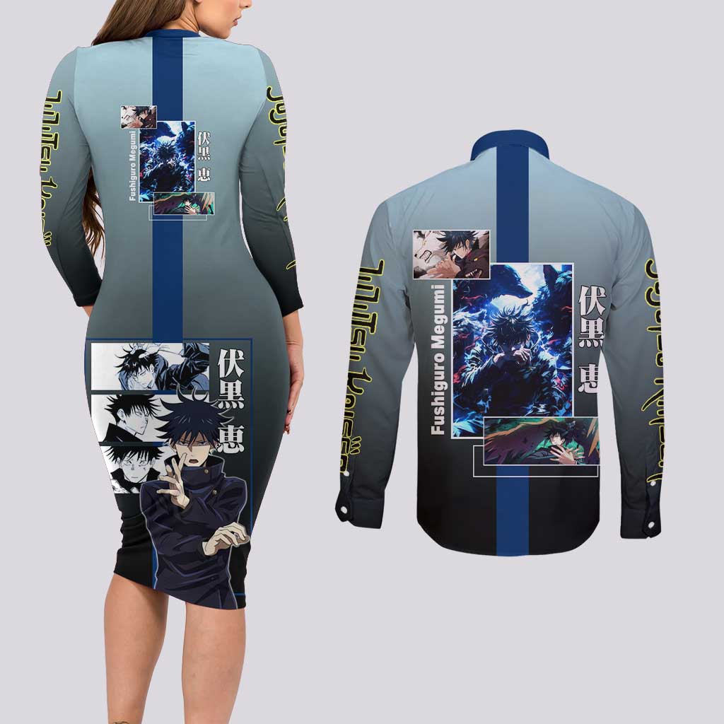 Megumi Fushiguro from Jujutsu Kaisen Couples Matching Long Sleeve Bodycon Dress and Long Sleeve Button Shirt with Dark Blue and Black Background and Multiple Poses Design - The Mazicc