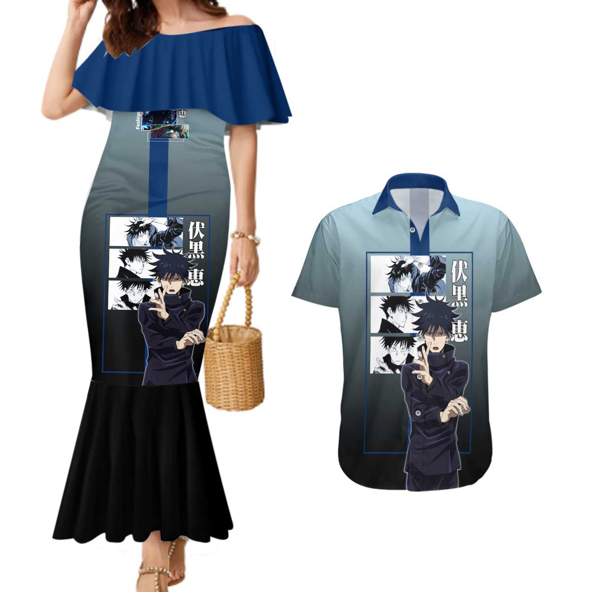 Megumi Fushiguro from Jujutsu Kaisen Couples Matching Mermaid Dress and Hawaiian Shirt with Dark Blue and Black Background and Multiple Poses Design - The Mazicc
