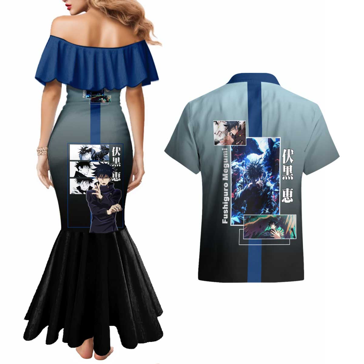 Megumi Fushiguro from Jujutsu Kaisen Couples Matching Mermaid Dress and Hawaiian Shirt with Dark Blue and Black Background and Multiple Poses Design - The Mazicc