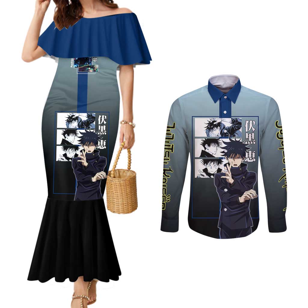 Megumi Fushiguro from Jujutsu Kaisen Couples Matching Mermaid Dress and Long Sleeve Button Shirt with Dark Blue and Black Background and Multiple Poses Design - The Mazicc