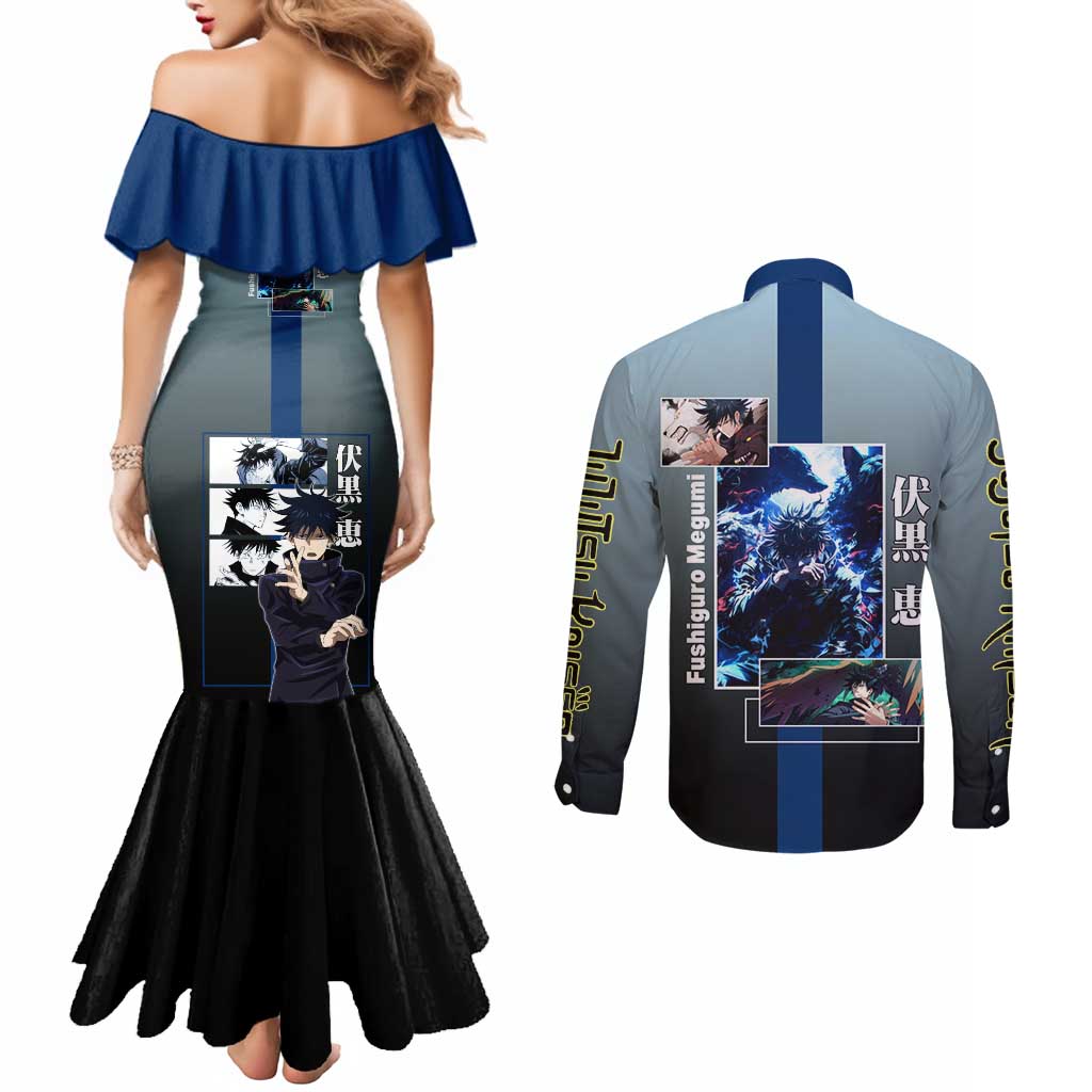 Megumi Fushiguro from Jujutsu Kaisen Couples Matching Mermaid Dress and Long Sleeve Button Shirt with Dark Blue and Black Background and Multiple Poses Design - The Mazicc