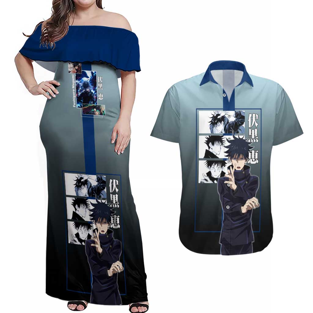 Megumi Fushiguro from Jujutsu Kaisen Couples Matching Off Shoulder Maxi Dress and Hawaiian Shirt with Dark Blue and Black Background and Multiple Poses Design - The Mazicc
