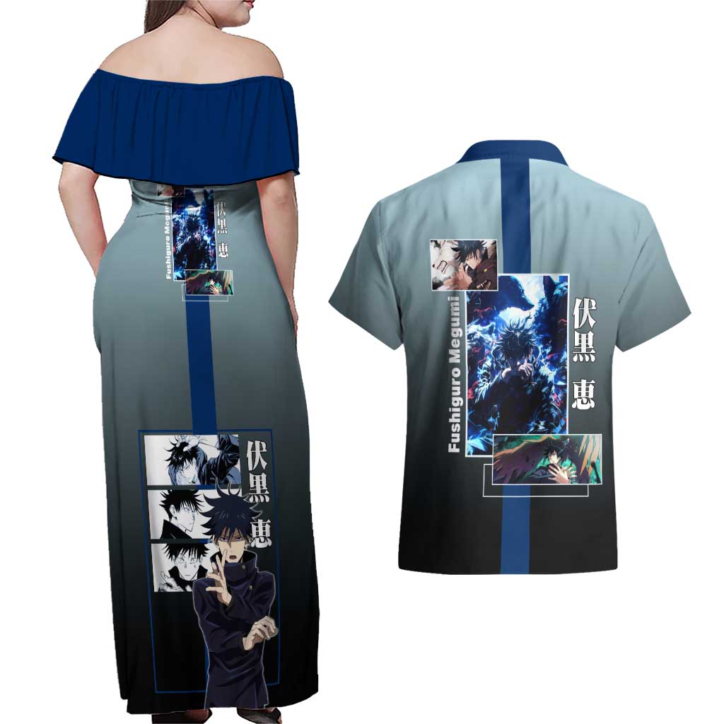 Megumi Fushiguro from Jujutsu Kaisen Couples Matching Off Shoulder Maxi Dress and Hawaiian Shirt with Dark Blue and Black Background and Multiple Poses Design - The Mazicc