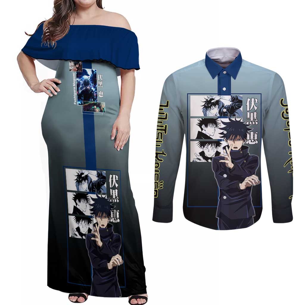 Megumi Fushiguro from Jujutsu Kaisen Couples Matching Off Shoulder Maxi Dress and Long Sleeve Button Shirt with Dark Blue and Black Background and Multiple Poses Design - The Mazicc