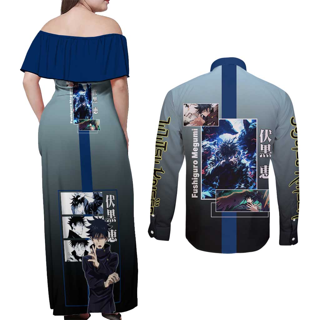 Megumi Fushiguro from Jujutsu Kaisen Couples Matching Off Shoulder Maxi Dress and Long Sleeve Button Shirt with Dark Blue and Black Background and Multiple Poses Design - The Mazicc