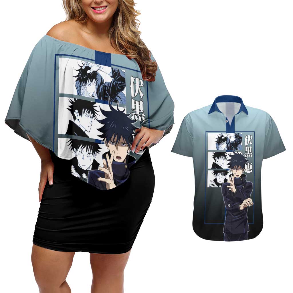 Megumi Fushiguro from Jujutsu Kaisen Couples Matching Off Shoulder Short Dress and Hawaiian Shirt with Dark Blue and Black Background and Multiple Poses Design - The Mazicc