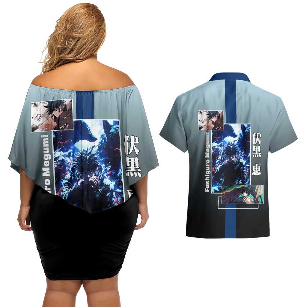 Megumi Fushiguro from Jujutsu Kaisen Couples Matching Off Shoulder Short Dress and Hawaiian Shirt with Dark Blue and Black Background and Multiple Poses Design - The Mazicc