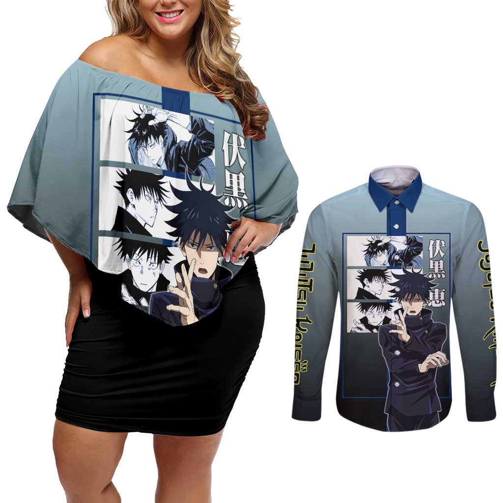 Megumi Fushiguro from Jujutsu Kaisen Couples Matching Off Shoulder Short Dress and Long Sleeve Button Shirt with Dark Blue and Black Background and Multiple Poses Design - The Mazicc