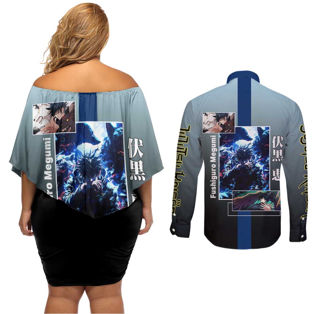 Megumi Fushiguro from Jujutsu Kaisen Couples Matching Off Shoulder Short Dress and Long Sleeve Button Shirt with Dark Blue and Black Background and Multiple Poses Design - The Mazicc