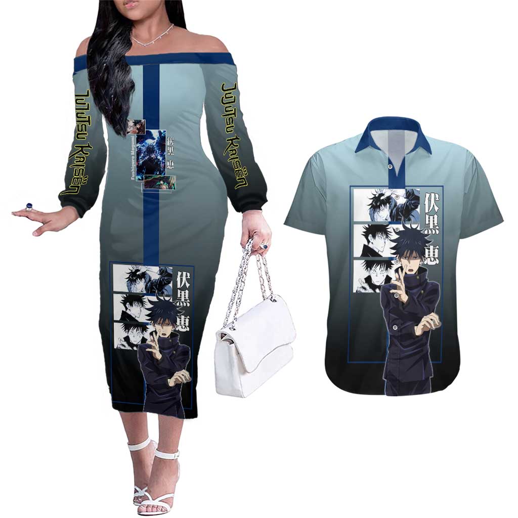 Megumi Fushiguro from Jujutsu Kaisen Couples Matching Off The Shoulder Long Sleeve Dress and Hawaiian Shirt with Dark Blue and Black Background and Multiple Poses Design - The Mazicc
