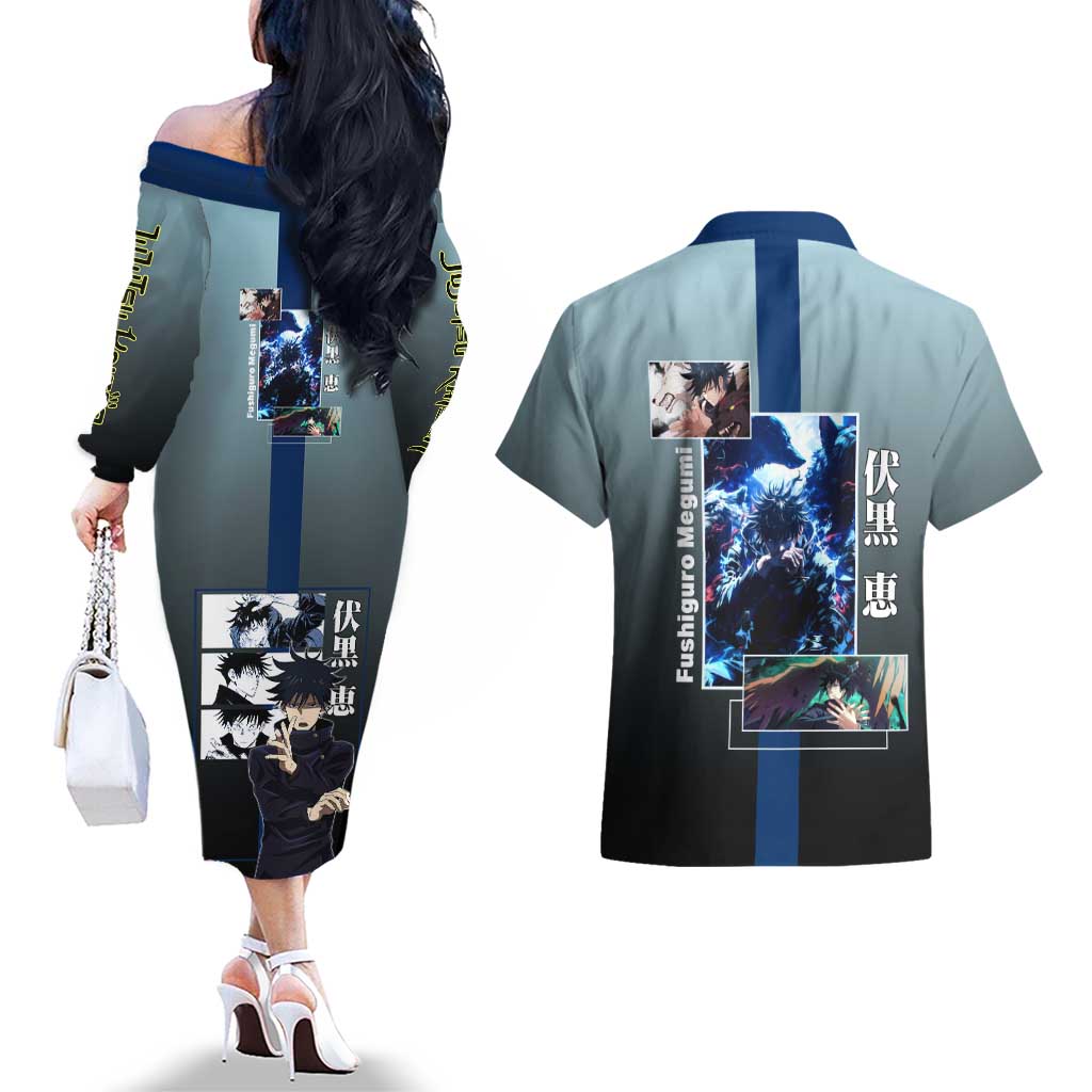 Megumi Fushiguro from Jujutsu Kaisen Couples Matching Off The Shoulder Long Sleeve Dress and Hawaiian Shirt with Dark Blue and Black Background and Multiple Poses Design - The Mazicc