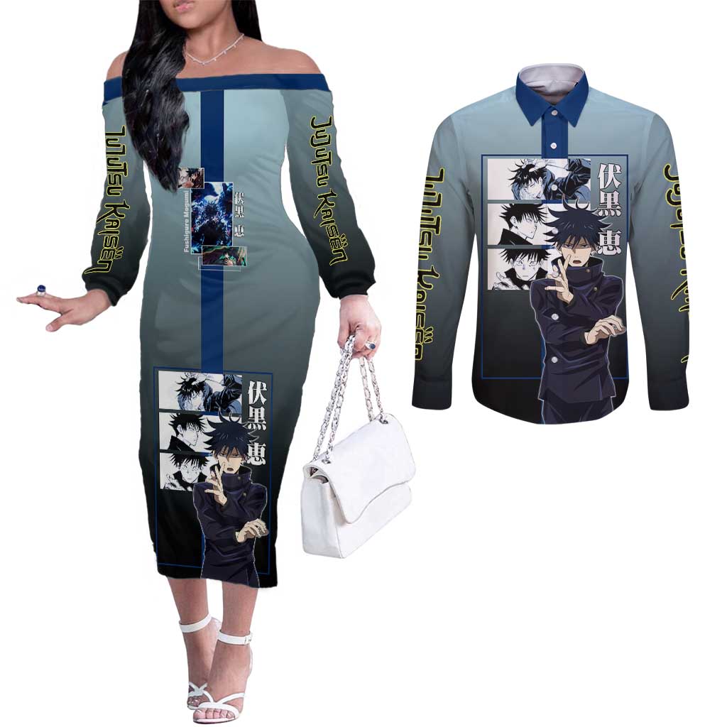 Megumi Fushiguro from Jujutsu Kaisen Couples Matching Off The Shoulder Long Sleeve Dress and Long Sleeve Button Shirt with Dark Blue and Black Background and Multiple Poses Design - The Mazicc