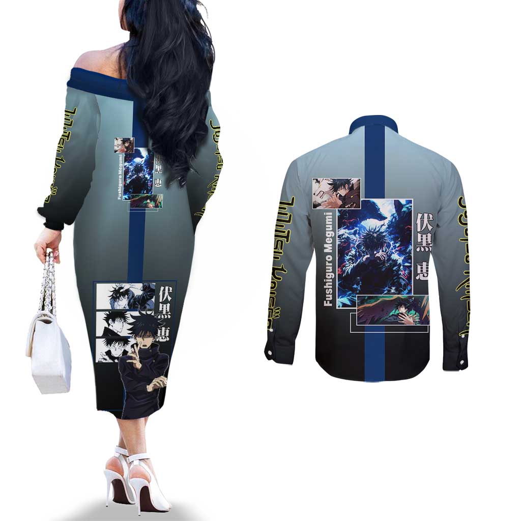 Megumi Fushiguro from Jujutsu Kaisen Couples Matching Off The Shoulder Long Sleeve Dress and Long Sleeve Button Shirt with Dark Blue and Black Background and Multiple Poses Design - The Mazicc
