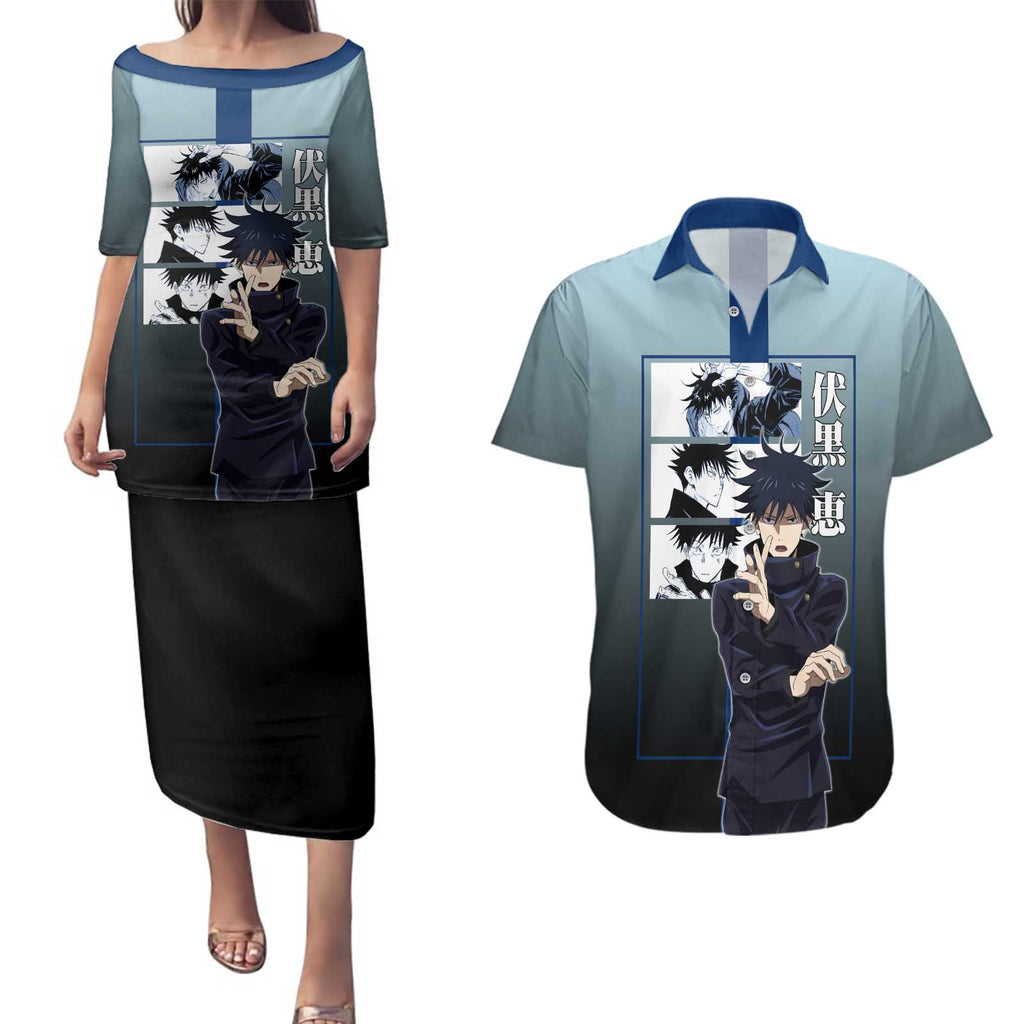 Megumi Fushiguro from Jujutsu Kaisen Couples Matching Puletasi and Hawaiian Shirt with Dark Blue and Black Background and Multiple Poses Design - The Mazicc
