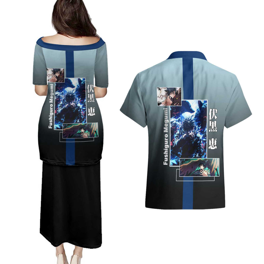 Megumi Fushiguro from Jujutsu Kaisen Couples Matching Puletasi and Hawaiian Shirt with Dark Blue and Black Background and Multiple Poses Design - The Mazicc