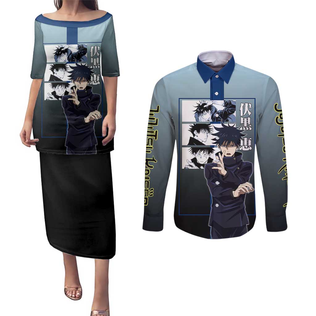 Megumi Fushiguro from Jujutsu Kaisen Couples Matching Puletasi and Long Sleeve Button Shirt with Dark Blue and Black Background and Multiple Poses Design - The Mazicc