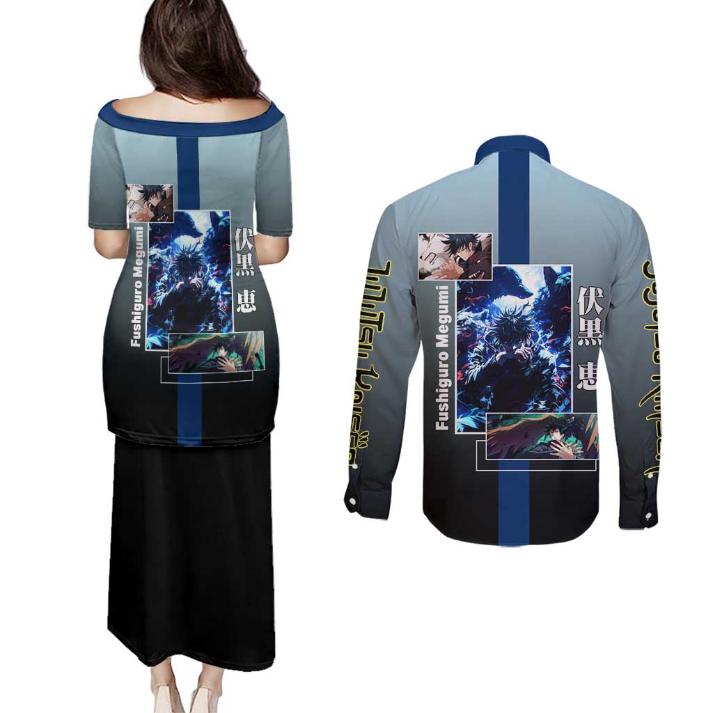 Megumi Fushiguro from Jujutsu Kaisen Couples Matching Puletasi and Long Sleeve Button Shirt with Dark Blue and Black Background and Multiple Poses Design - The Mazicc