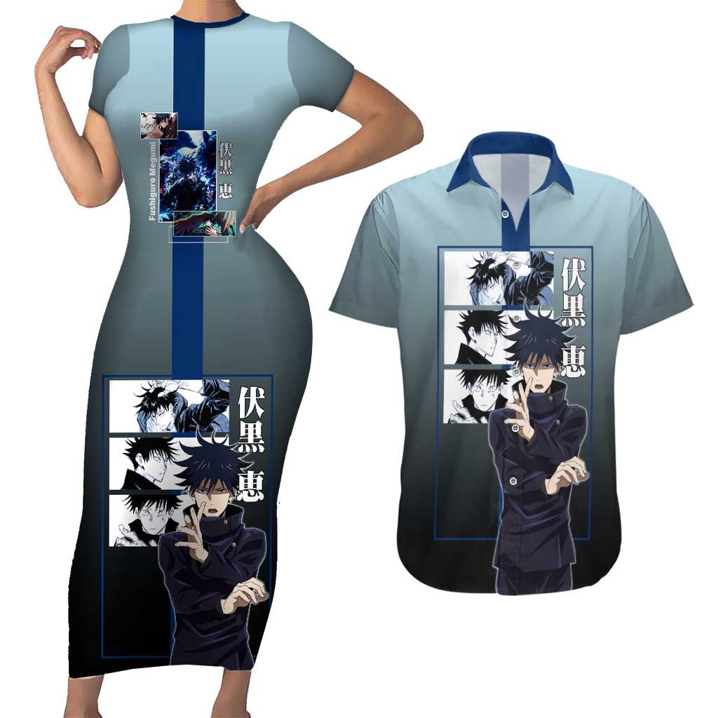 Megumi Fushiguro from Jujutsu Kaisen Couples Matching Short Sleeve Bodycon Dress and Hawaiian Shirt with Dark Blue and Black Background and Multiple Poses Design - The Mazicc