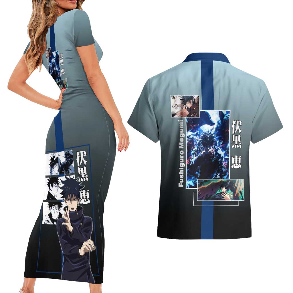 Megumi Fushiguro from Jujutsu Kaisen Couples Matching Short Sleeve Bodycon Dress and Hawaiian Shirt with Dark Blue and Black Background and Multiple Poses Design - The Mazicc