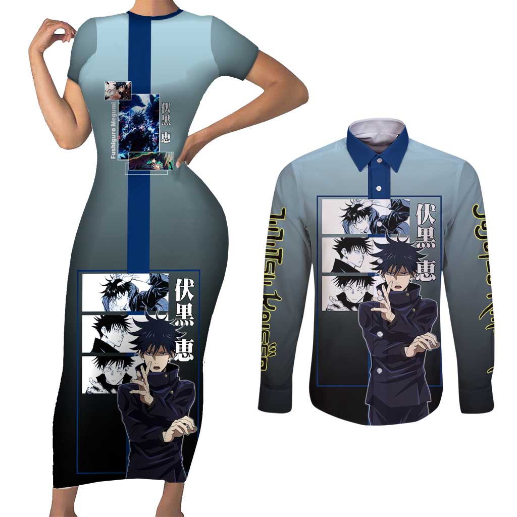 Megumi Fushiguro from Jujutsu Kaisen Couples Matching Short Sleeve Bodycon Dress and Long Sleeve Button Shirt with Dark Blue and Black Background and Multiple Poses Design - The Mazicc