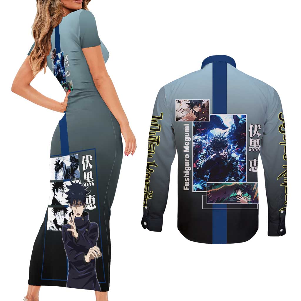 Megumi Fushiguro from Jujutsu Kaisen Couples Matching Short Sleeve Bodycon Dress and Long Sleeve Button Shirt with Dark Blue and Black Background and Multiple Poses Design - The Mazicc