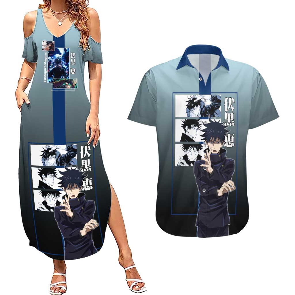 Megumi Fushiguro from Jujutsu Kaisen Couples Matching Summer Maxi Dress and Hawaiian Shirt with Dark Blue and Black Background and Multiple Poses Design - The Mazicc