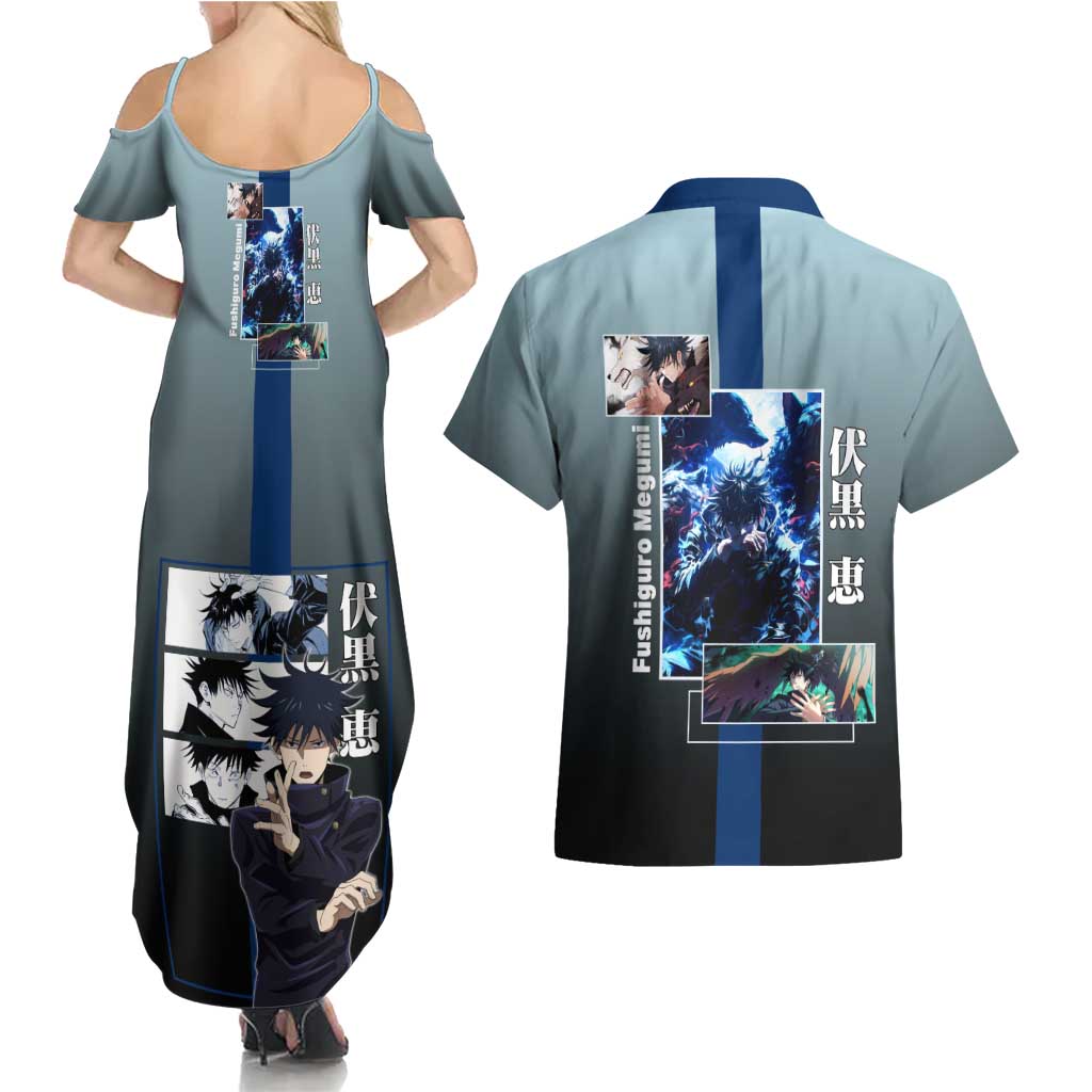Megumi Fushiguro from Jujutsu Kaisen Couples Matching Summer Maxi Dress and Hawaiian Shirt with Dark Blue and Black Background and Multiple Poses Design - The Mazicc