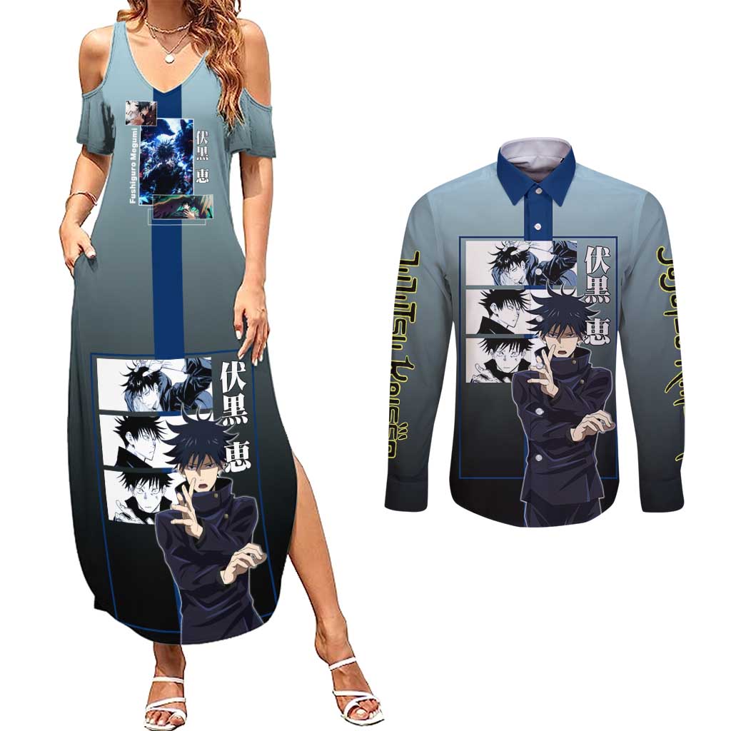 Megumi Fushiguro from Jujutsu Kaisen Couples Matching Summer Maxi Dress and Long Sleeve Button Shirt with Dark Blue and Black Background and Multiple Poses Design - The Mazicc