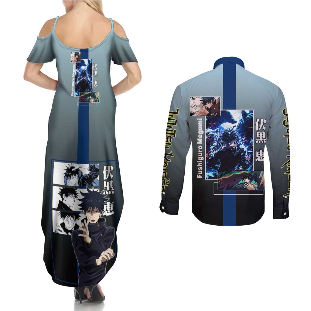 Megumi Fushiguro from Jujutsu Kaisen Couples Matching Summer Maxi Dress and Long Sleeve Button Shirt with Dark Blue and Black Background and Multiple Poses Design - The Mazicc