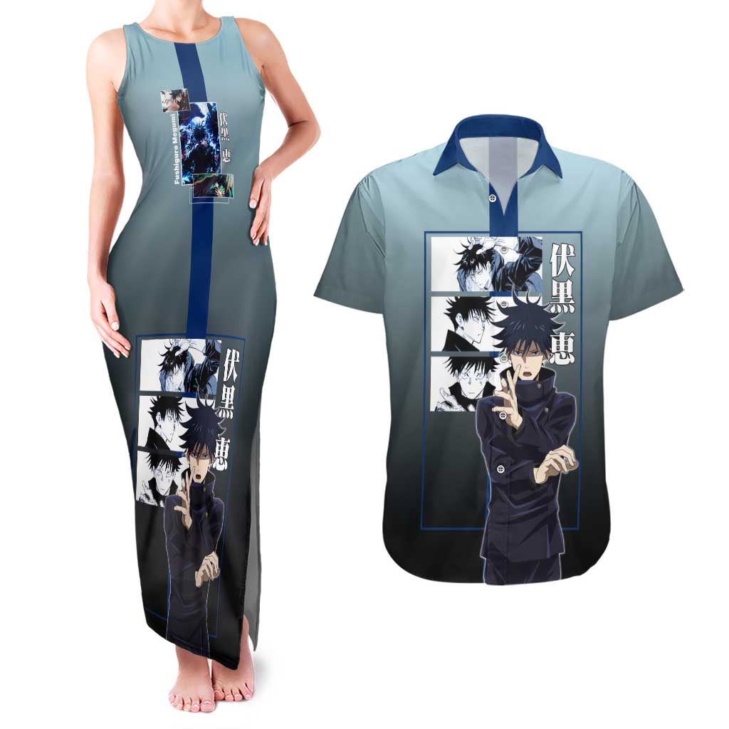 Megumi Fushiguro from Jujutsu Kaisen Couples Matching Tank Maxi Dress and Hawaiian Shirt with Dark Blue and Black Background and Multiple Poses Design - The Mazicc