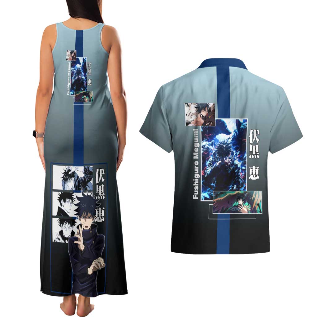 Megumi Fushiguro from Jujutsu Kaisen Couples Matching Tank Maxi Dress and Hawaiian Shirt with Dark Blue and Black Background and Multiple Poses Design - The Mazicc