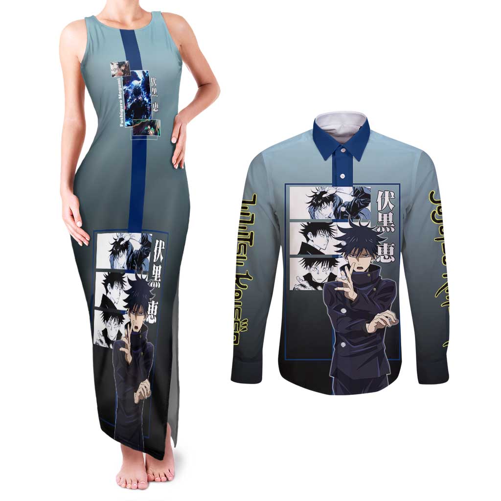 Megumi Fushiguro from Jujutsu Kaisen Couples Matching Tank Maxi Dress and Long Sleeve Button Shirt with Dark Blue and Black Background and Multiple Poses Design - The Mazicc