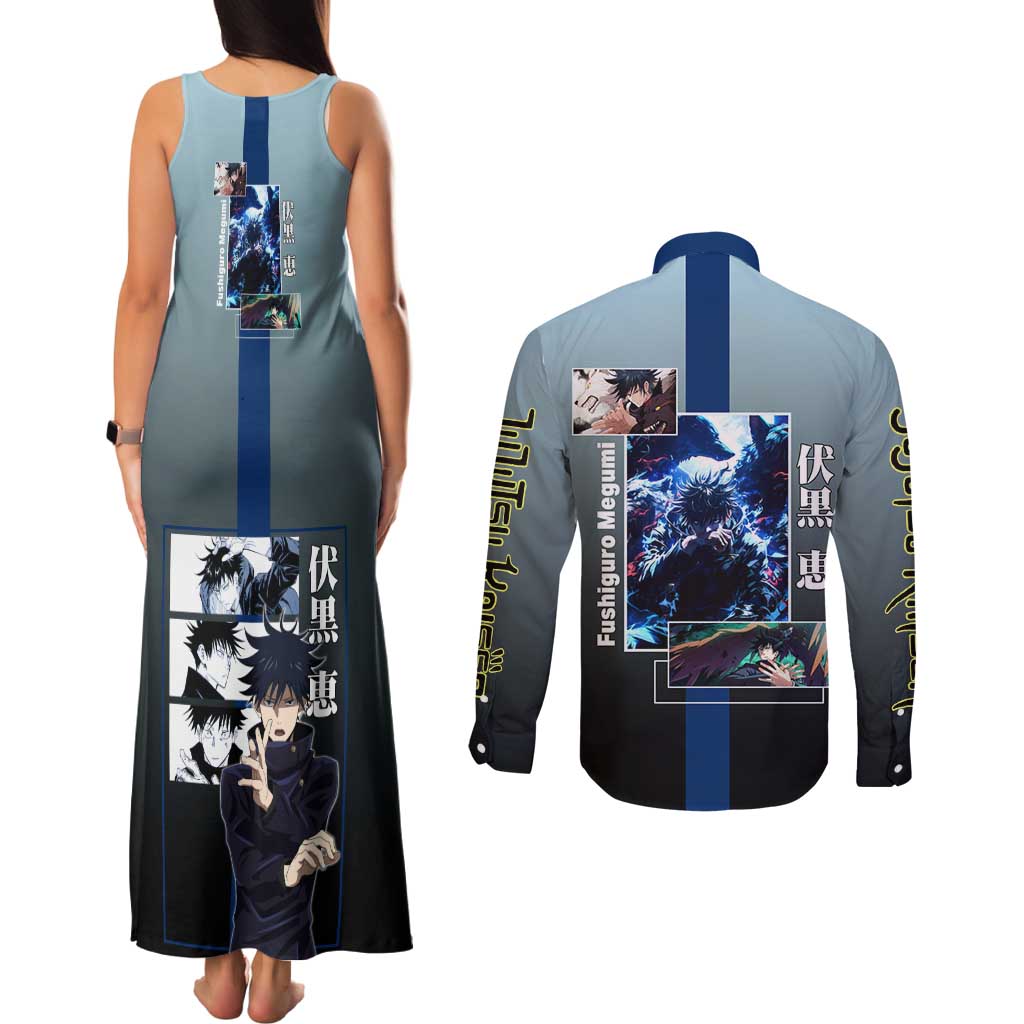 Megumi Fushiguro from Jujutsu Kaisen Couples Matching Tank Maxi Dress and Long Sleeve Button Shirt with Dark Blue and Black Background and Multiple Poses Design - The Mazicc