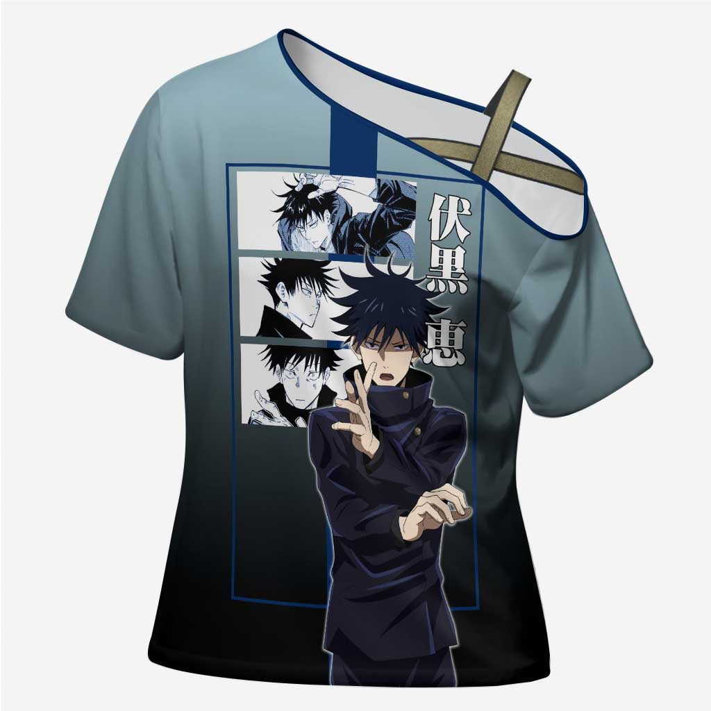 Megumi Fushiguro from Jujutsu Kaisen Cross Shoulder Shirt with Dark Blue and Black Background and Multiple Poses Design - The Mazicc