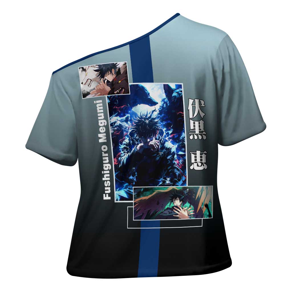 Megumi Fushiguro from Jujutsu Kaisen Cross Shoulder Shirt with Dark Blue and Black Background and Multiple Poses Design - The Mazicc