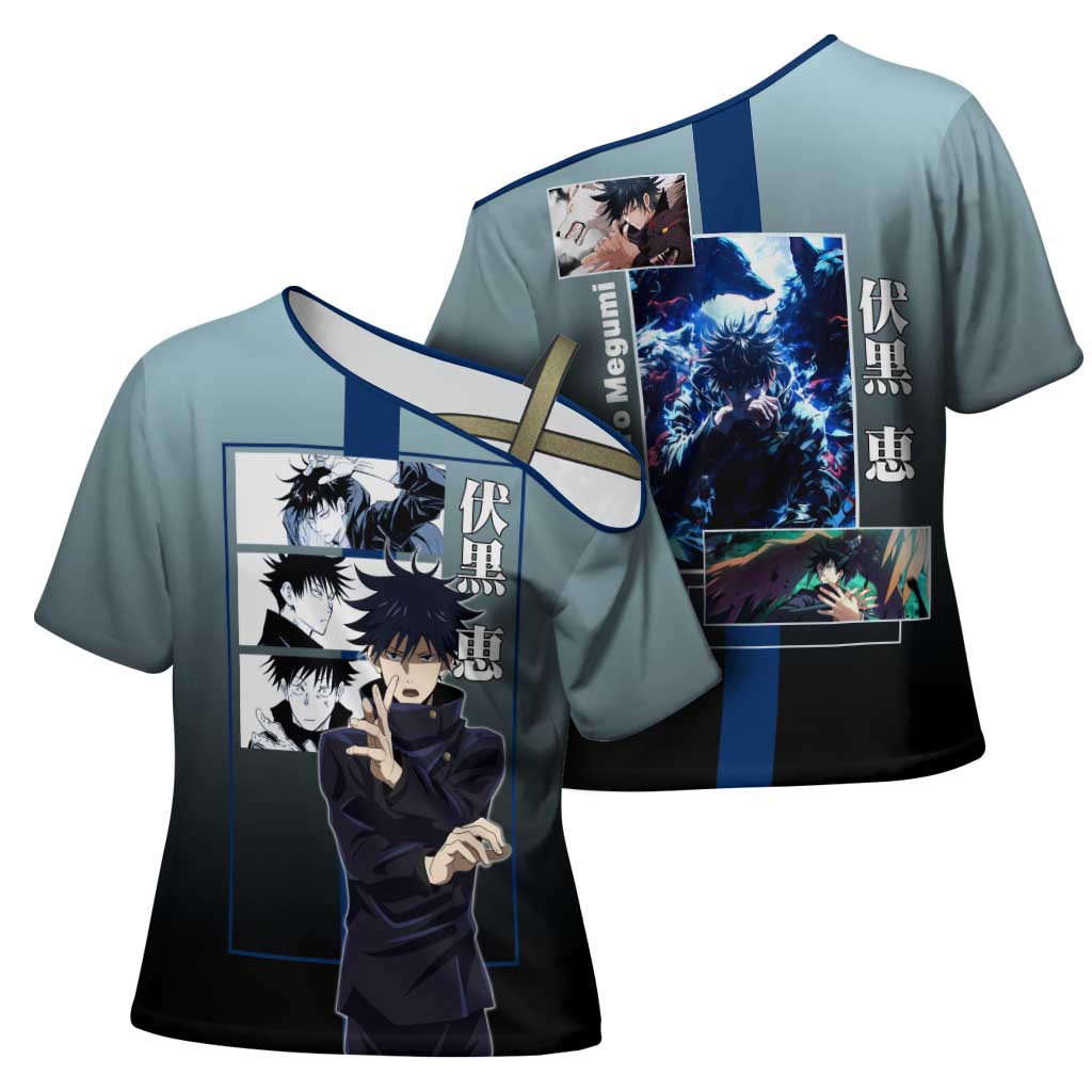 Megumi Fushiguro from Jujutsu Kaisen Cross Shoulder Shirt with Dark Blue and Black Background and Multiple Poses Design - The Mazicc