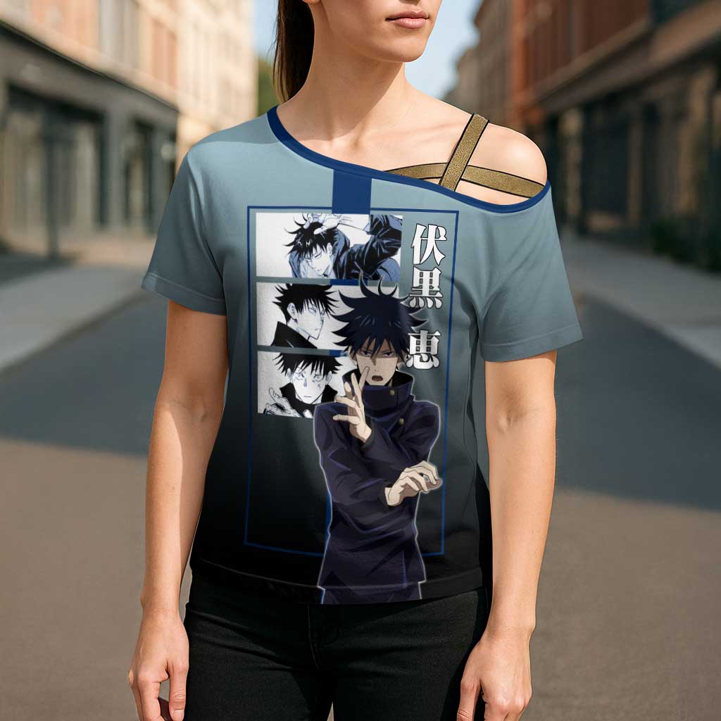 Megumi Fushiguro from Jujutsu Kaisen Cross Shoulder Shirt with Dark Blue and Black Background and Multiple Poses Design - The Mazicc