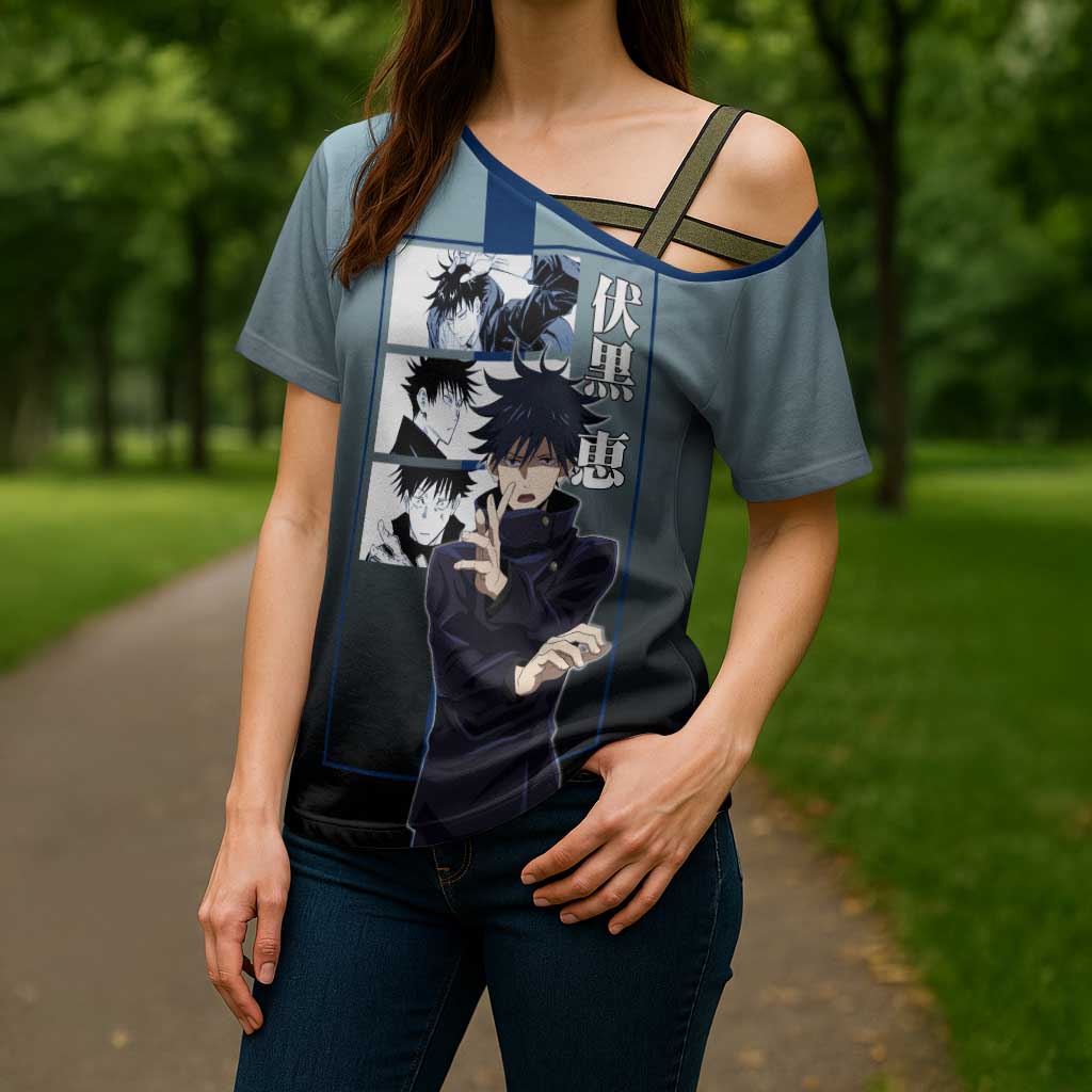 Megumi Fushiguro from Jujutsu Kaisen Cross Shoulder Shirt with Dark Blue and Black Background and Multiple Poses Design - The Mazicc
