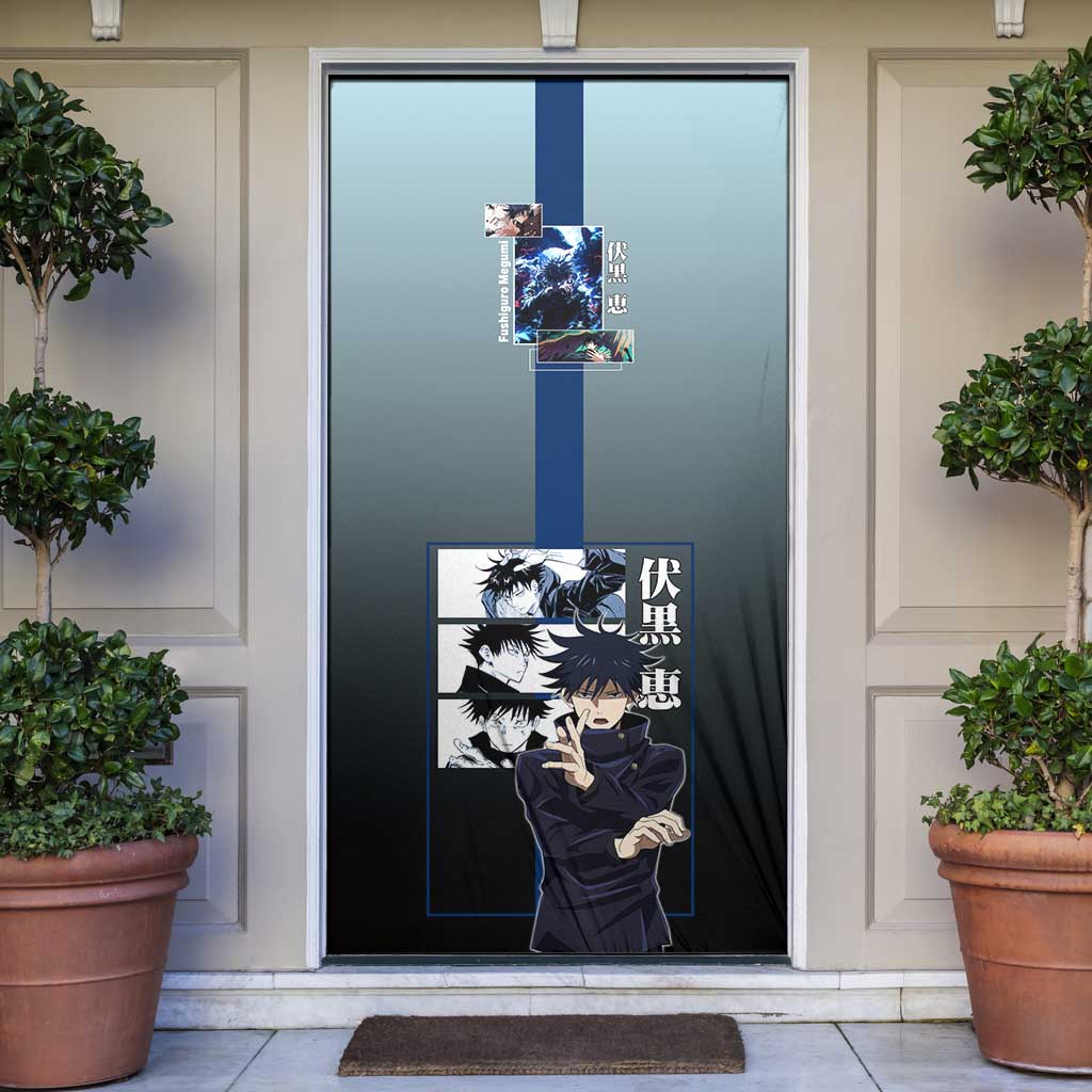 Megumi Fushiguro from Jujutsu Kaisen Door Cover with Dark Blue and Black Background and Multiple Poses Design - The Mazicc