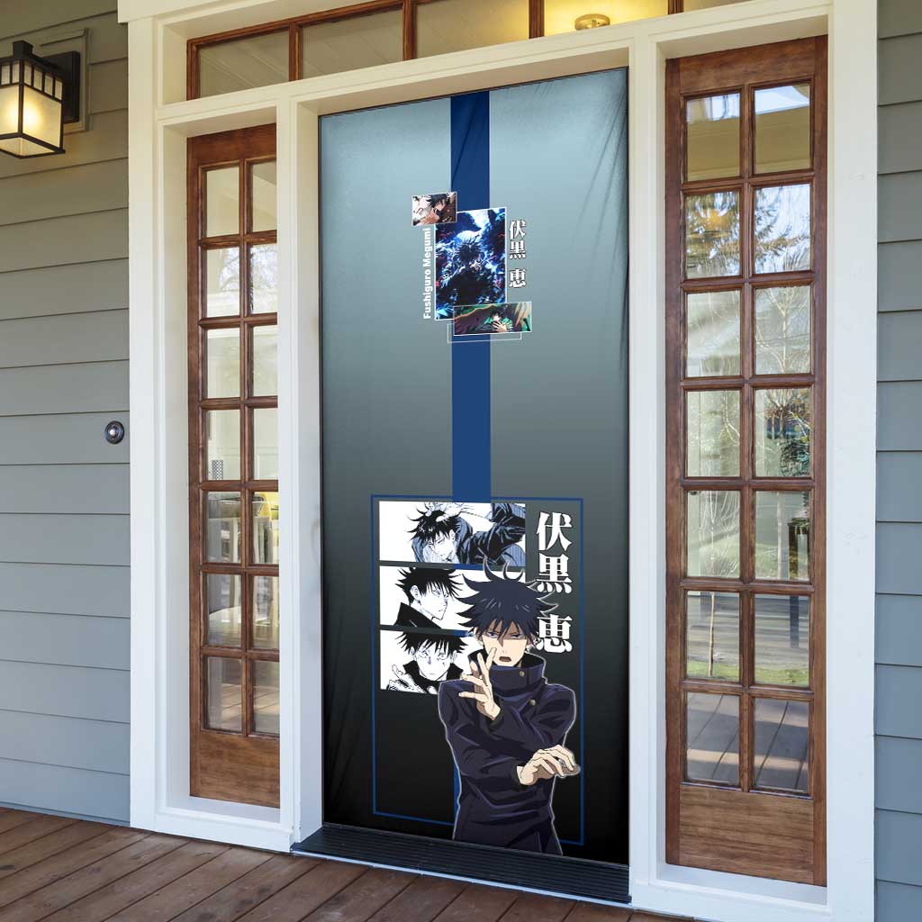 Megumi Fushiguro from Jujutsu Kaisen Door Cover with Dark Blue and Black Background and Multiple Poses Design - The Mazicc