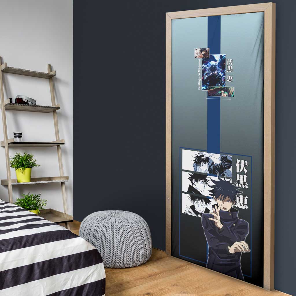 Megumi Fushiguro from Jujutsu Kaisen Door Cover with Dark Blue and Black Background and Multiple Poses Design - The Mazicc