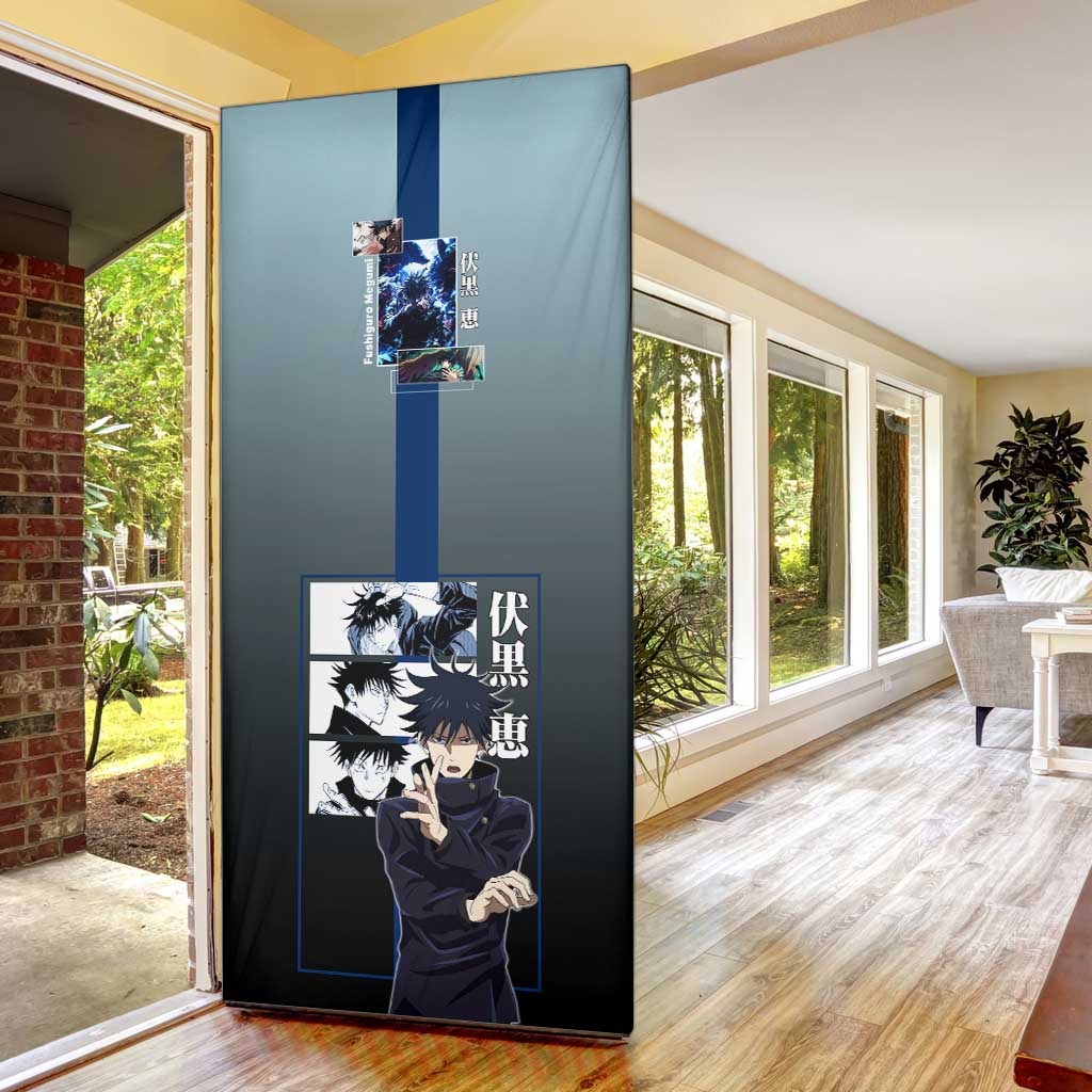 Megumi Fushiguro from Jujutsu Kaisen Door Cover with Dark Blue and Black Background and Multiple Poses Design - The Mazicc