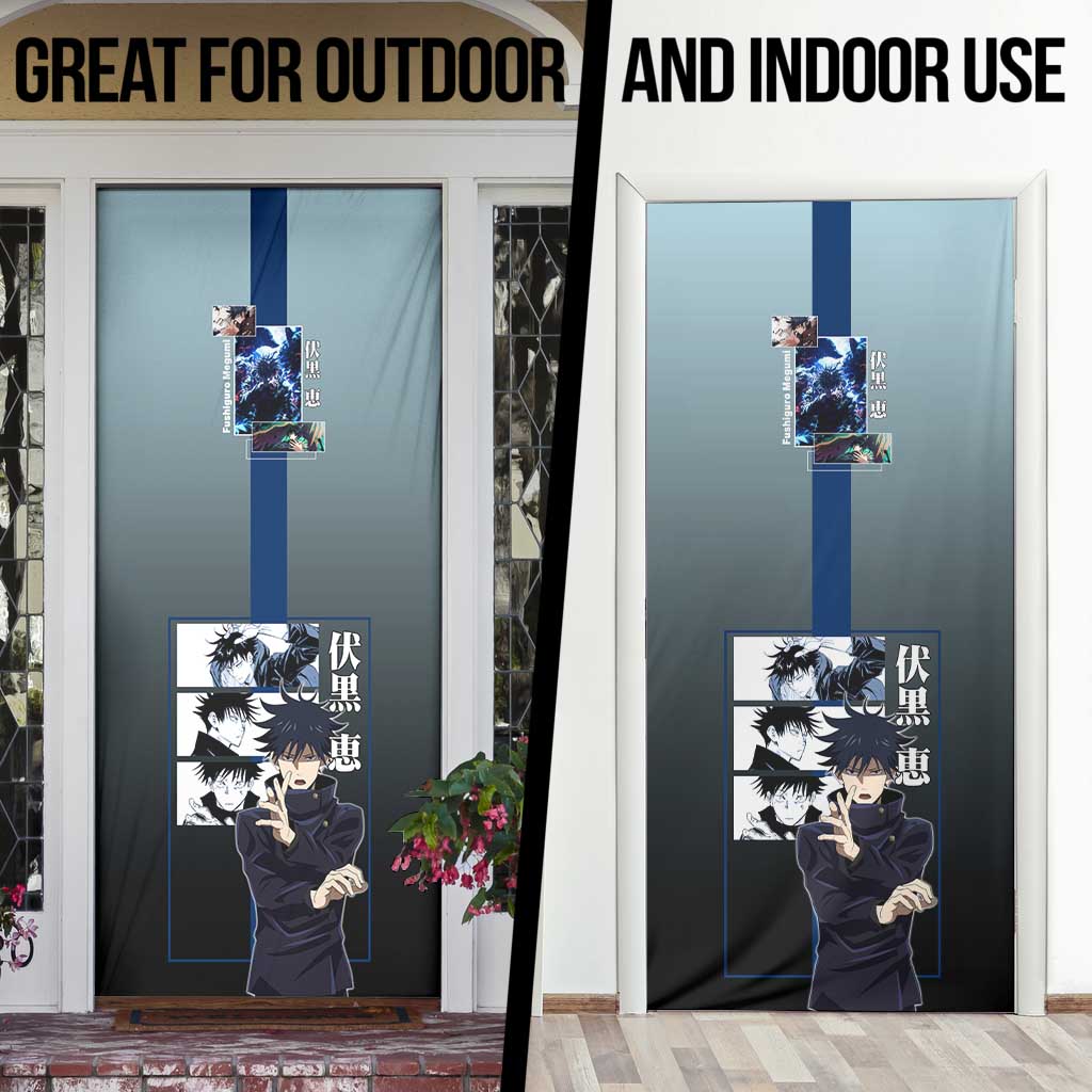 Megumi Fushiguro from Jujutsu Kaisen Door Cover with Dark Blue and Black Background and Multiple Poses Design - The Mazicc