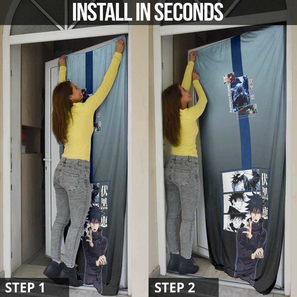 Megumi Fushiguro from Jujutsu Kaisen Door Cover with Dark Blue and Black Background and Multiple Poses Design - The Mazicc