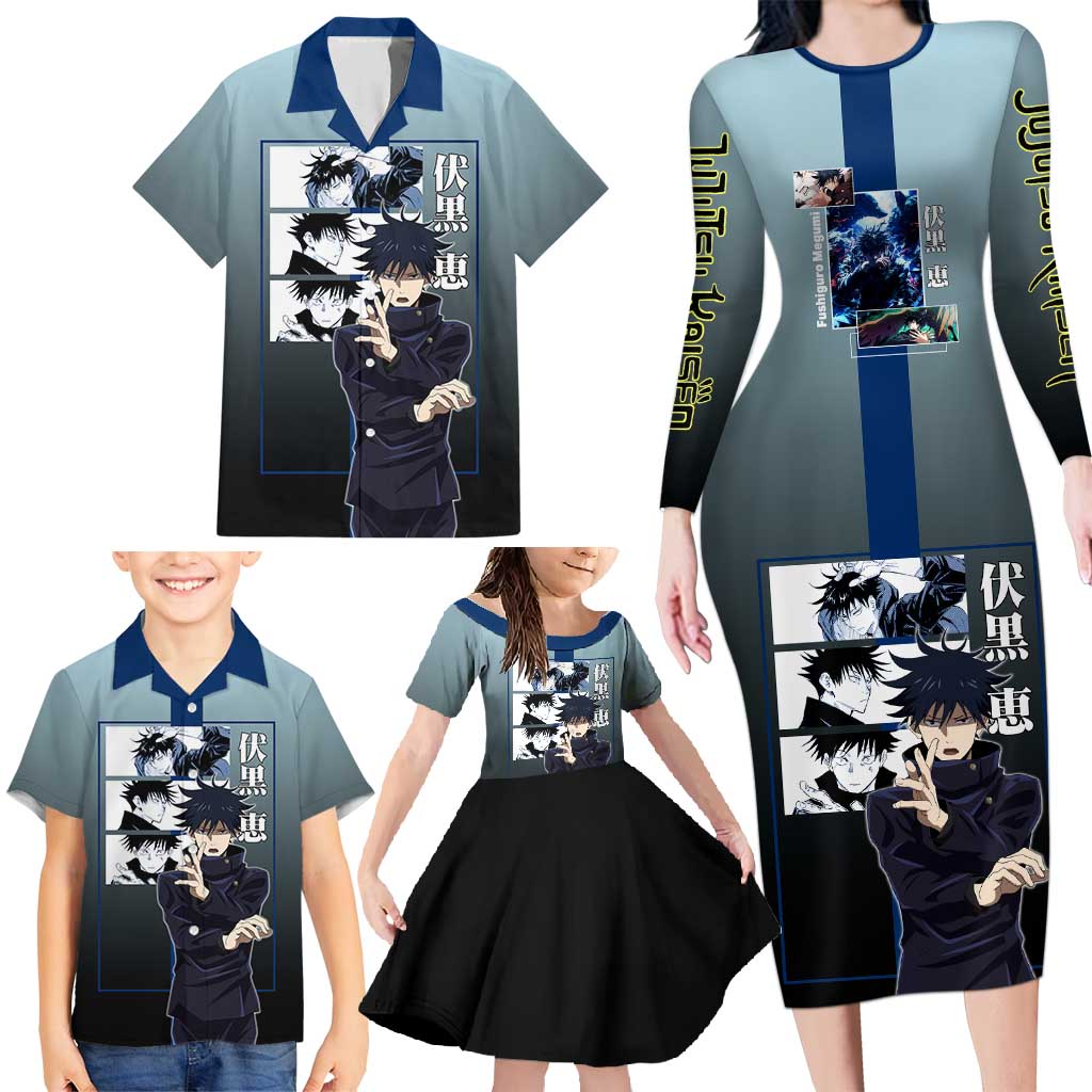 Megumi Fushiguro from Jujutsu Kaisen Family Matching Long Sleeve Bodycon Dress and Hawaiian Shirt with Dark Blue and Black Background and Multiple Poses Design - The Mazicc