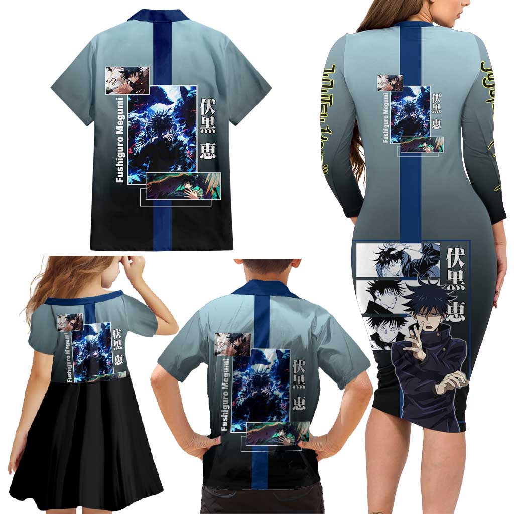 Megumi Fushiguro from Jujutsu Kaisen Family Matching Long Sleeve Bodycon Dress and Hawaiian Shirt with Dark Blue and Black Background and Multiple Poses Design - The Mazicc